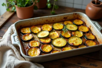 Courgettes rôties au four dans un plat en céramique rustique, dorées et fondantes, vues de dessus