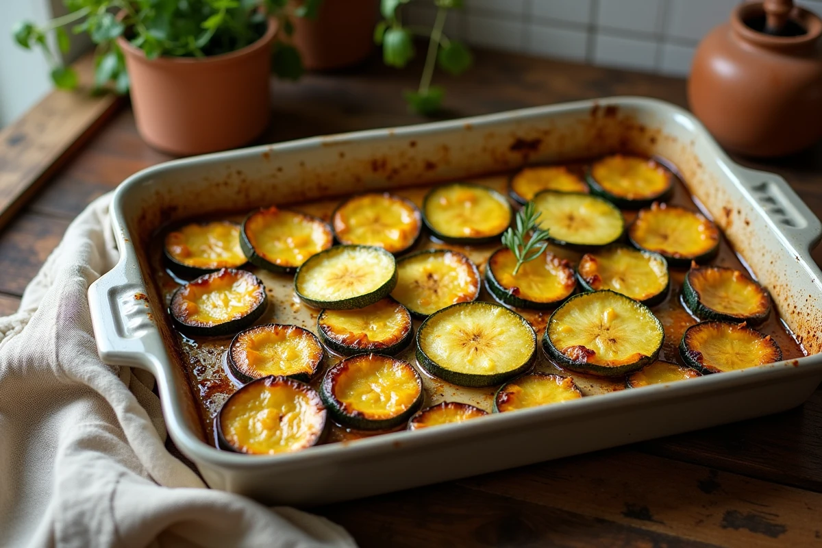 Courgettes rôties au four dans un plat en céramique rustique, dorées et fondantes, vues de dessus
