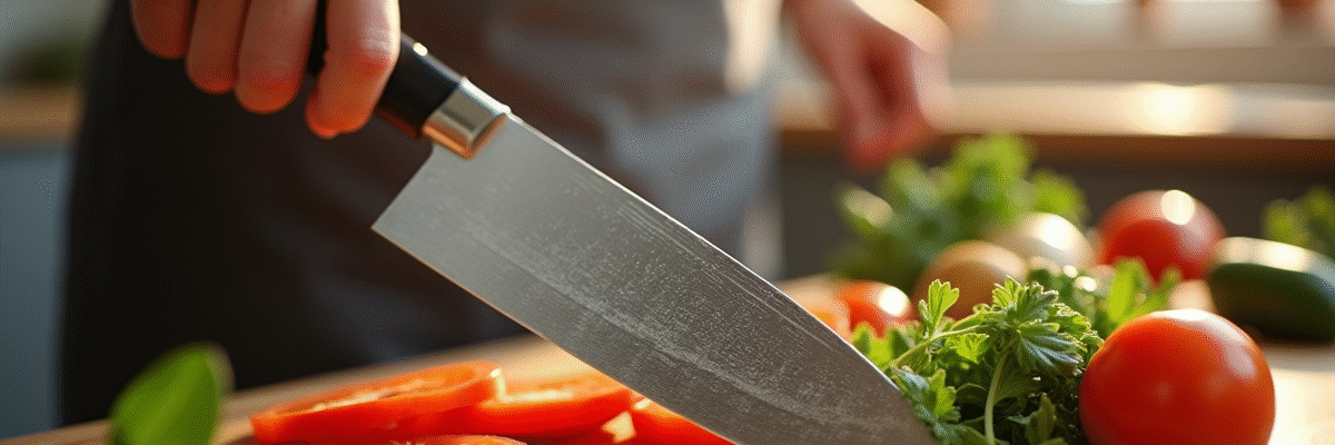 Couteau de cuisine brillant tenu au-dessus d'une planche avec ingrédients frais