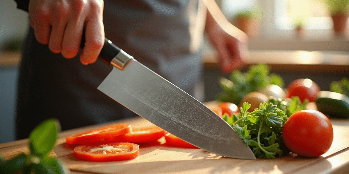 Couteau de cuisine brillant tenu au-dessus d'une planche avec ingrédients frais