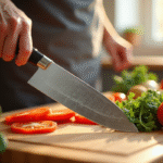 Couteau de cuisine brillant tenu au-dessus d'une planche avec ingrédients frais