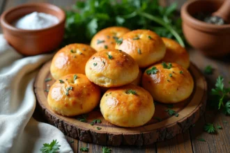 Crépinettes de campagne rustiques sur planche en bois avec herbes fraîches du jardin, vue de dessus