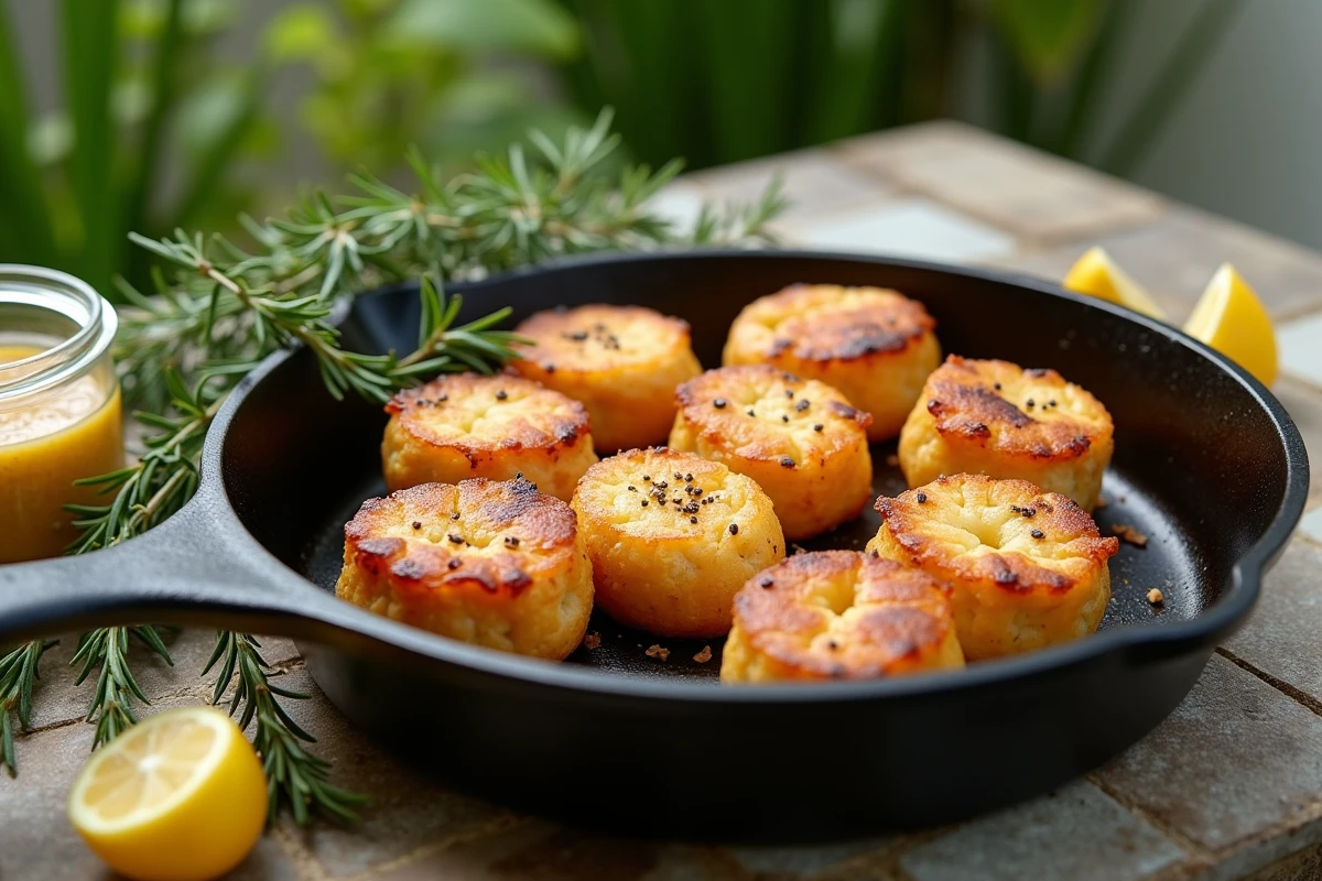 Crépinettes de campagne dorées dans une poêle en fonte avec herbes fraîches, servies dans un jardin rustique