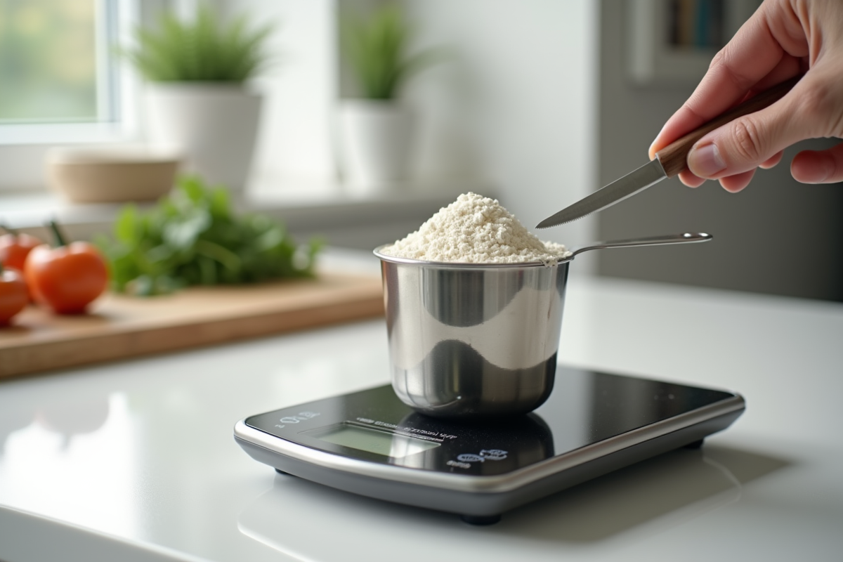 Cuillère en métal avec de la farine nivelée au couteau sur balance digitale
