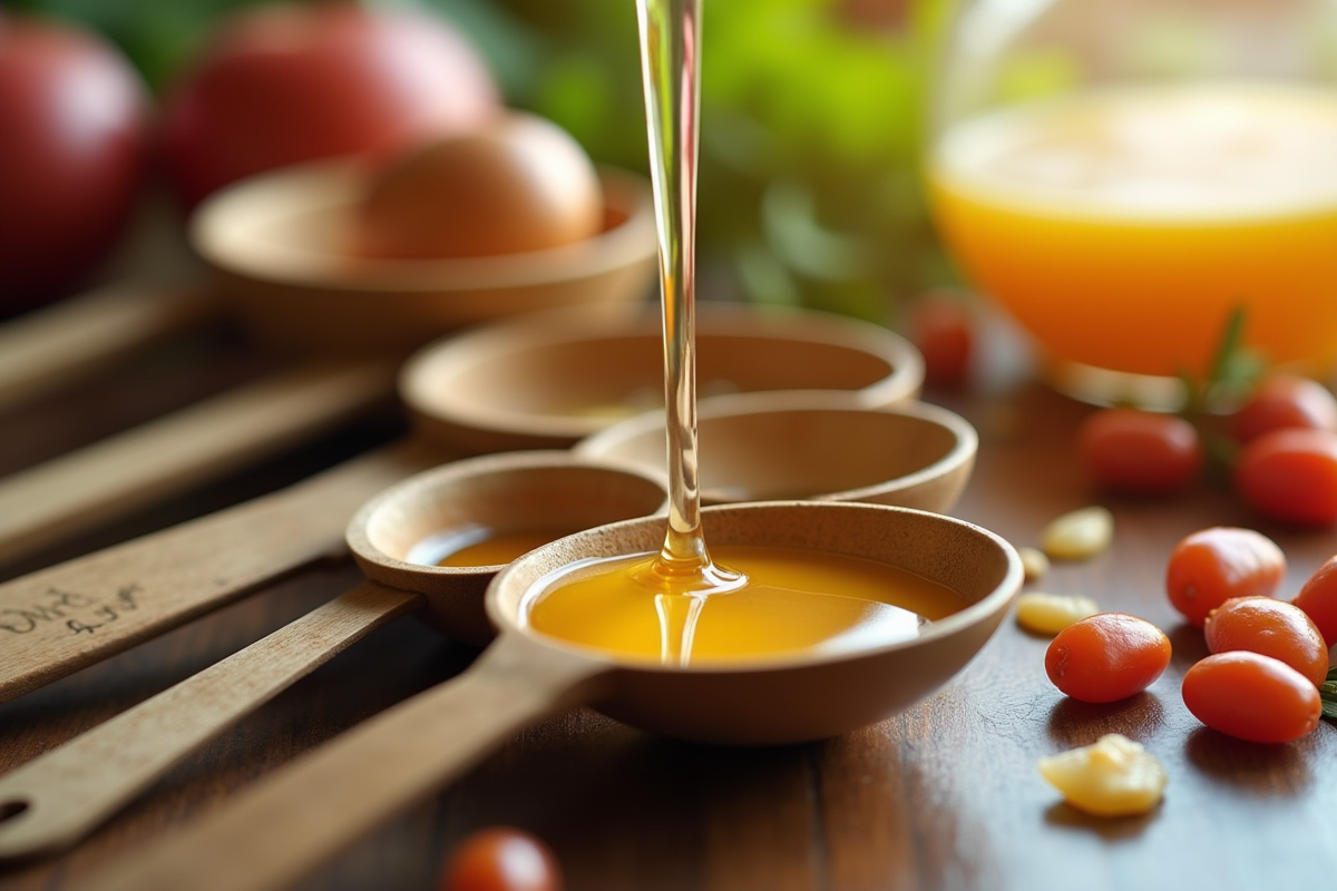 Cuillères de mesure avec miel doré entourées d