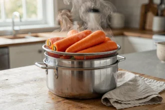 Carottes entières à la vapeur dans un panier inox avec de la vapeur visible s'échappant de la casserole sur un plan de travail en bois