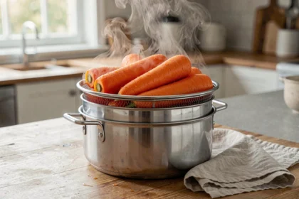 Carottes entières à la vapeur dans un panier inox avec de la vapeur visible s'échappant de la casserole sur un plan de travail en bois