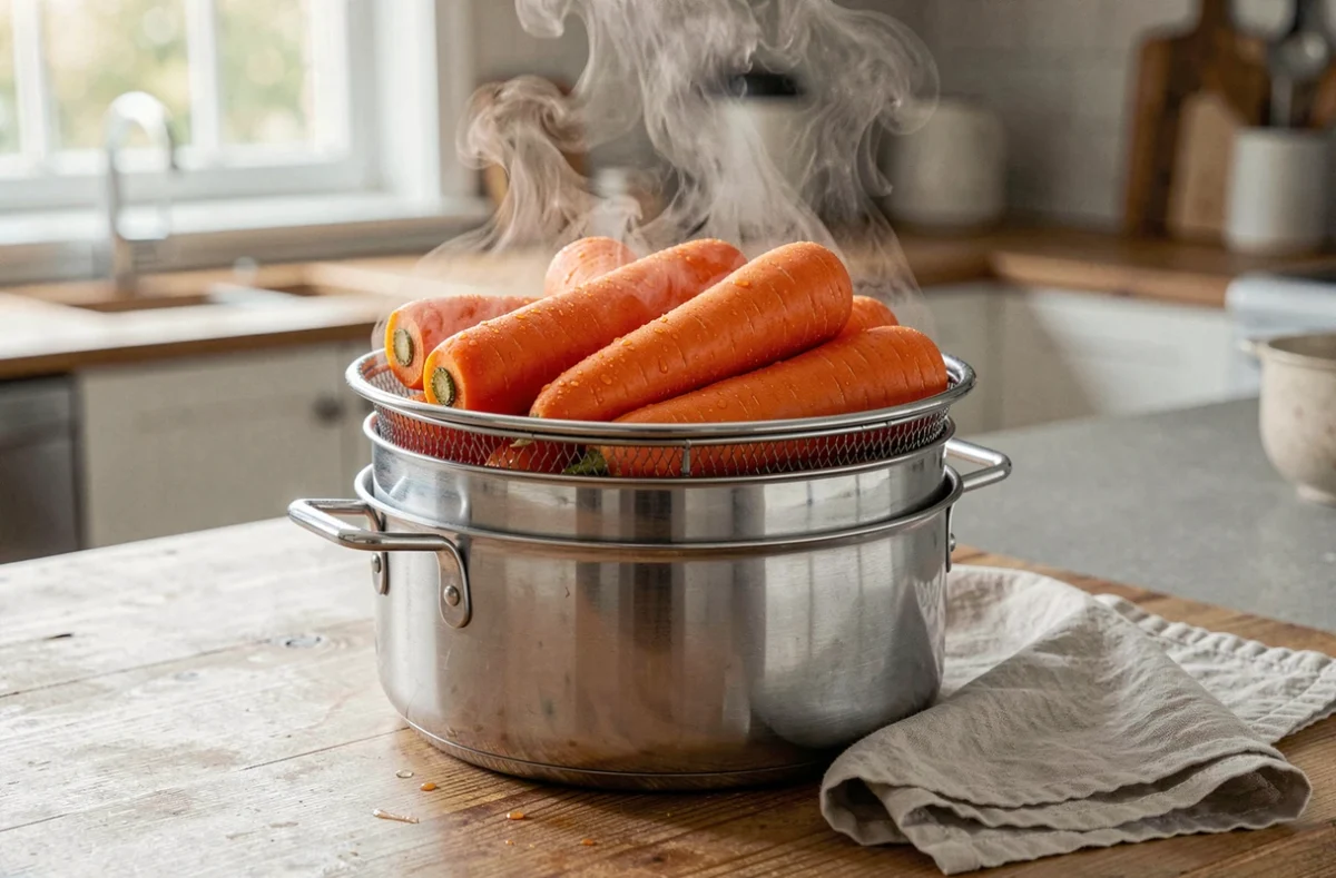 Carottes entières à la vapeur dans un panier inox avec de la vapeur visible s'échappant de la casserole sur un plan de travail en bois