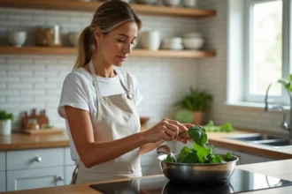 Femme faisant cuire des épinards frais dans une poêle en inox sur une plaque à induction dans une cuisine moderne