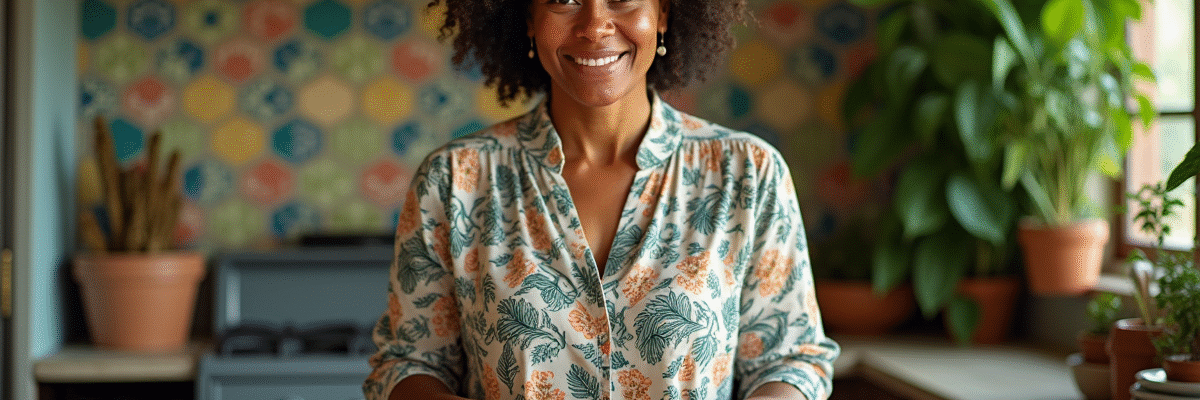 Femme souriante préparant un plat caribéen dans la cuisine