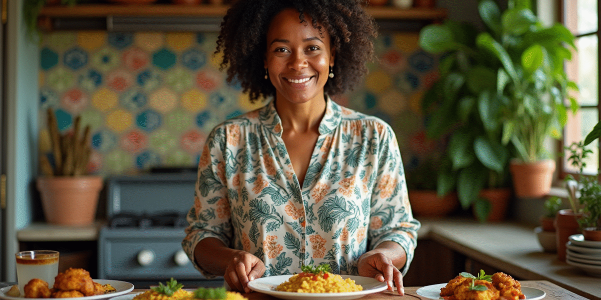 Femme souriante préparant un plat caribéen dans la cuisine