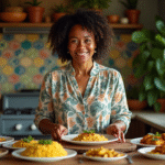 Femme souriante préparant un plat caribéen dans la cuisine