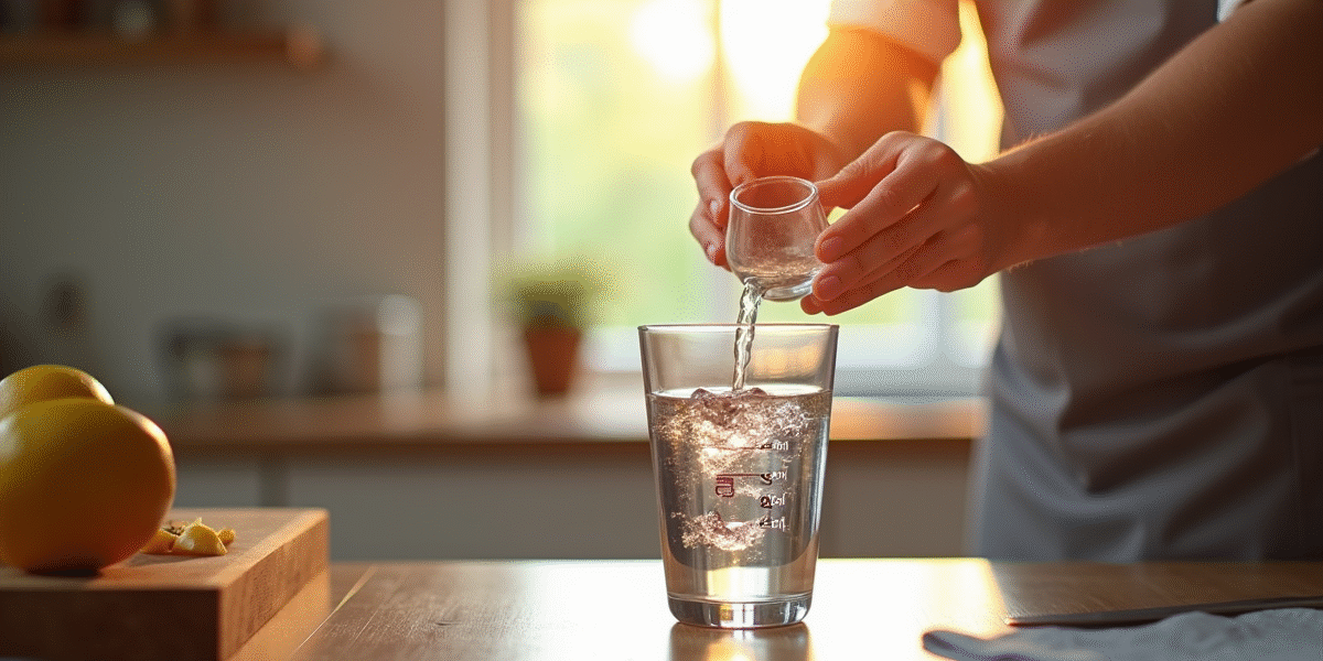 Cuisine moderne avec un chef versant 20 ml d'eau