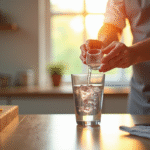 Cuisine moderne avec un chef versant 20 ml d'eau