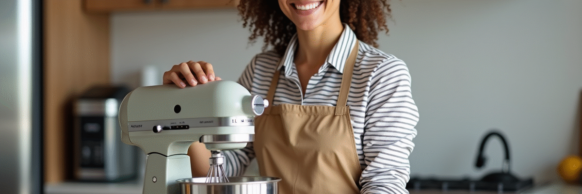 Femme souriante en cuisine préparant la pâte avec un robot