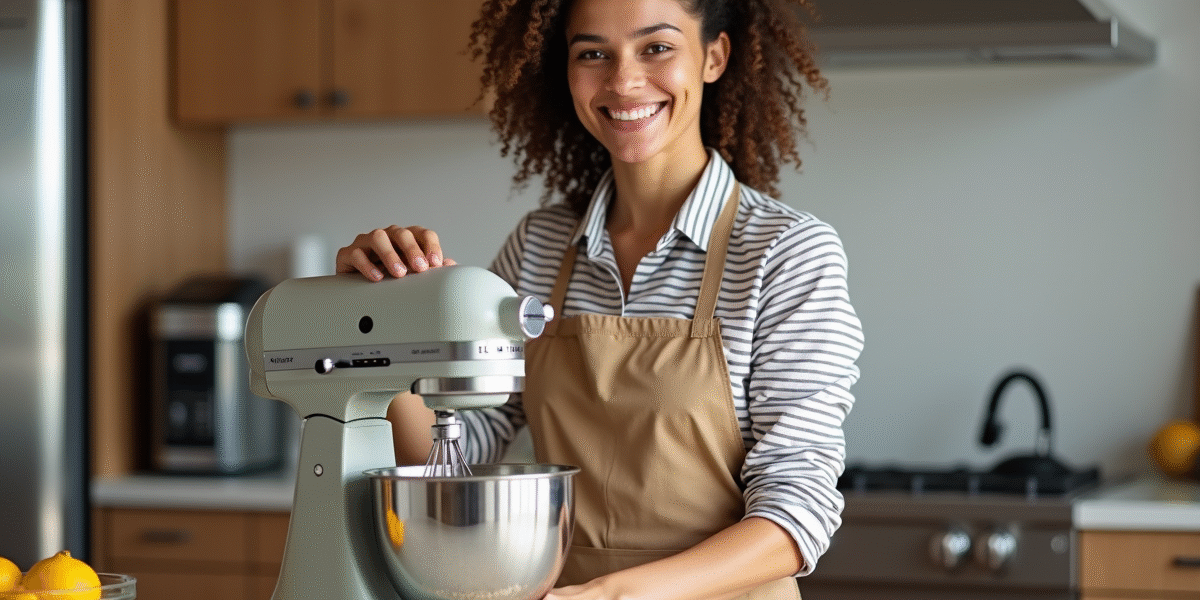 Femme souriante en cuisine préparant la pâte avec un robot