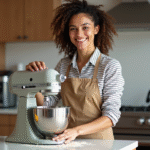 Femme souriante en cuisine préparant la pâte avec un robot
