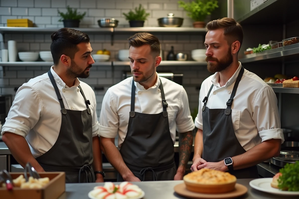 Équipe de cuisine en discussion dans la cuisine professionnelle