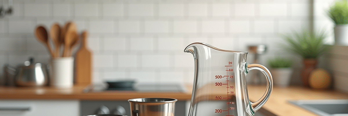 Verre doseur de 500 ml et cuillères en métal sur plan de travail lumineux
