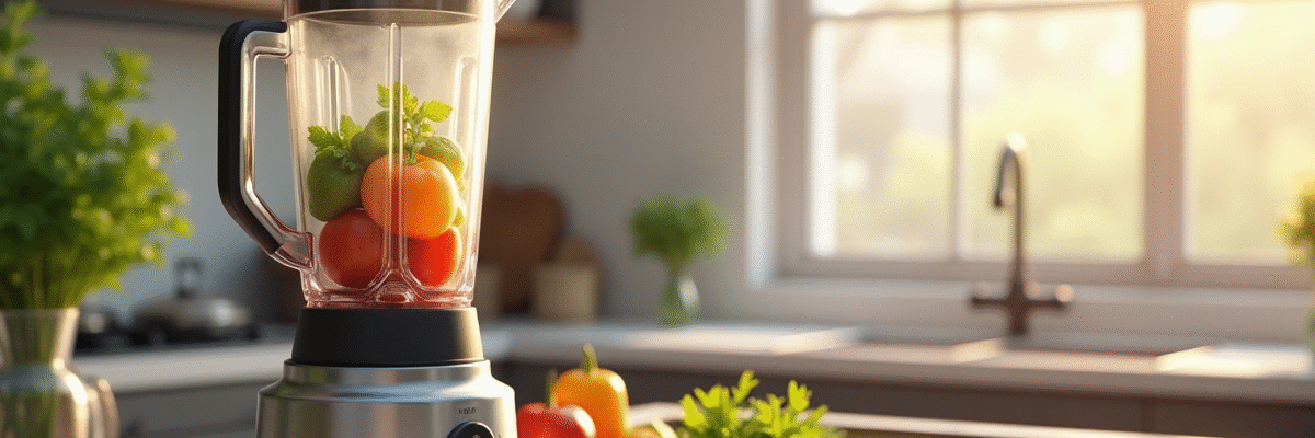 Plan d'une cuisine moderne avec un blender chaud rempli de légumes