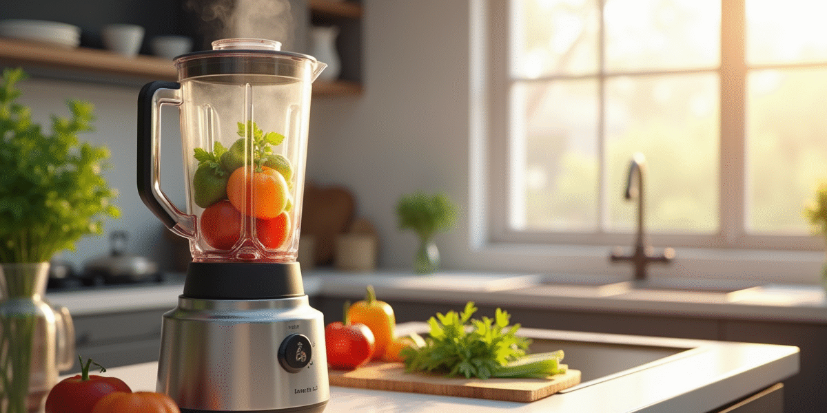 Plan d'une cuisine moderne avec un blender chaud rempli de légumes