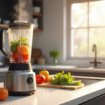 Plan d'une cuisine moderne avec un blender chaud rempli de légumes