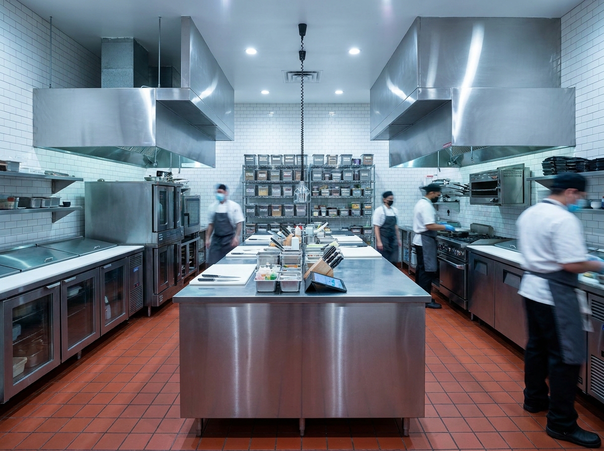 Vue grand angle d'une cuisine professionnelle équipée avec îlot central en inox, fours commerciaux et étagères organisées
