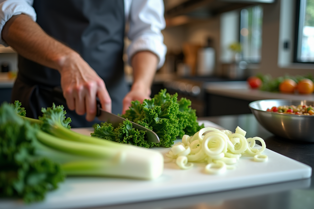 Cuisinier tranchant des poireaux longs en cuisine moderne