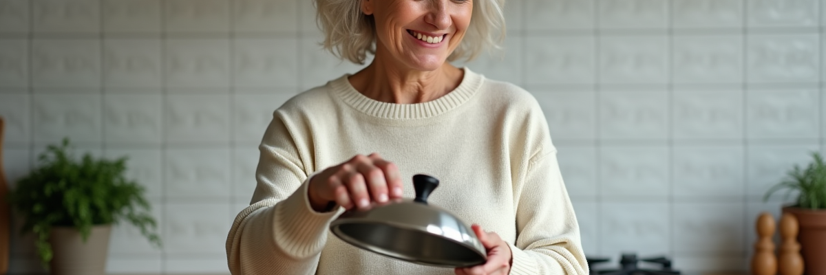 Femme cuisinant des endives dans une cocotte en inox