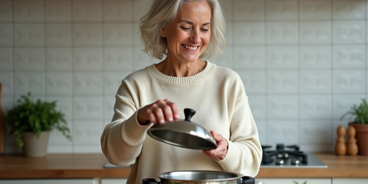 Femme cuisinant des endives dans une cocotte en inox