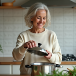 Femme cuisinant des endives dans une cocotte en inox