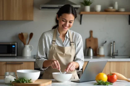Femme cuisiniere mesurant la farine dans la cuisine moderne