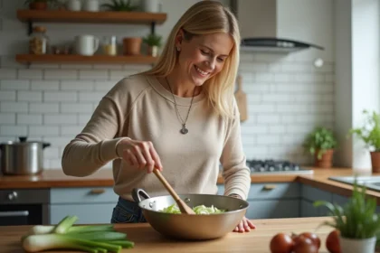 Femme cuisinant des poireaux dans une cuisine chaleureuse