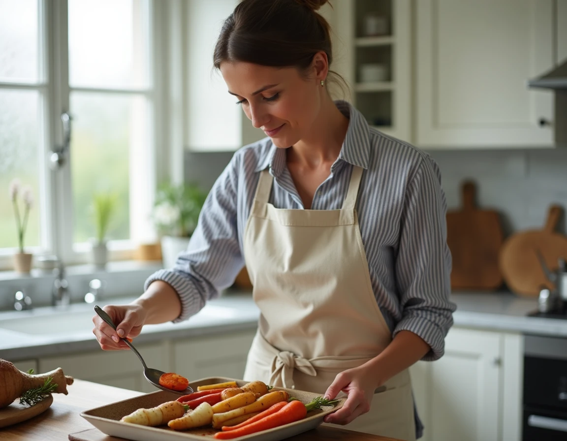 Cuisinière préparant des légumes rôtis sans gluten comme accompagnement du confit de canard dans une cuisine française moderne