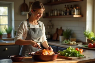 Femme en tablier coupe un porc rôti doré dans une cocotte en fonte