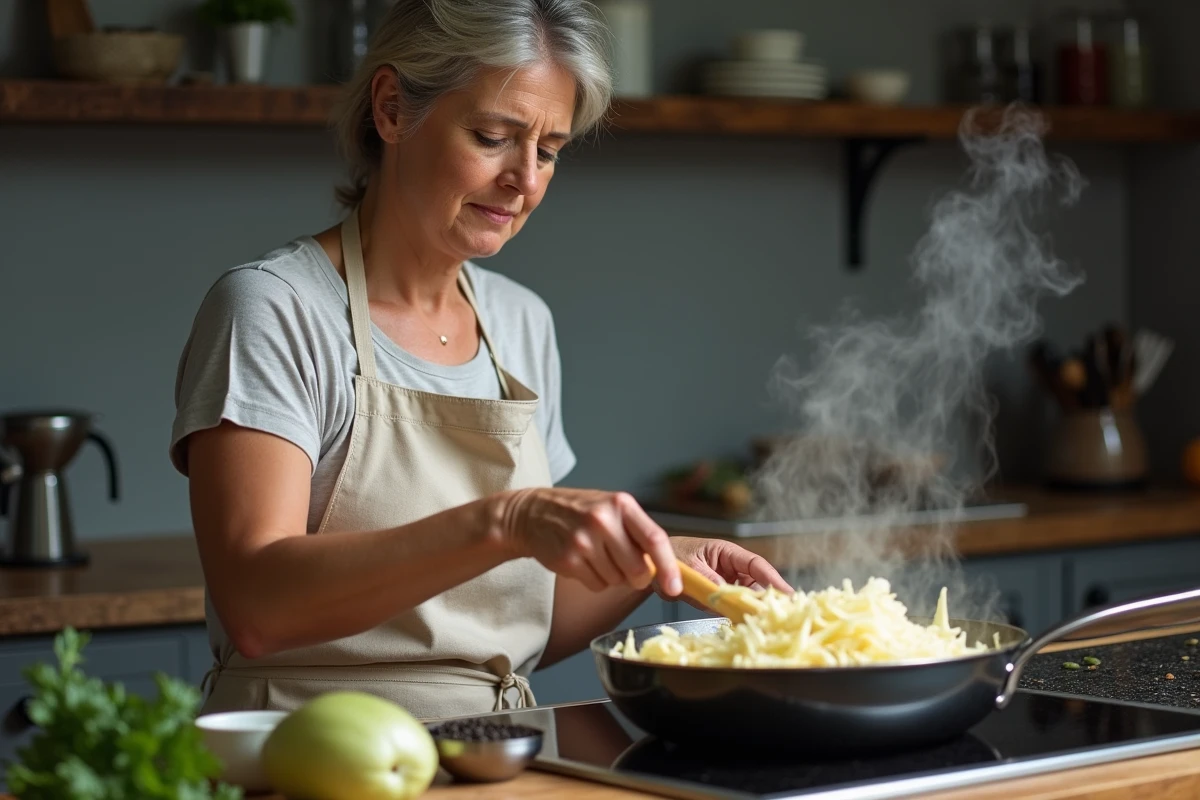 Femme cuisinant du chou blanc émincé dans une poêle sur une cuisinière moderne
