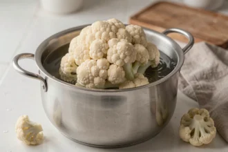 Chou-fleur entier plongé dans une casserole d'eau froide sur un plan de travail en céramique blanche, préparation pour la cuisson d'un gratin