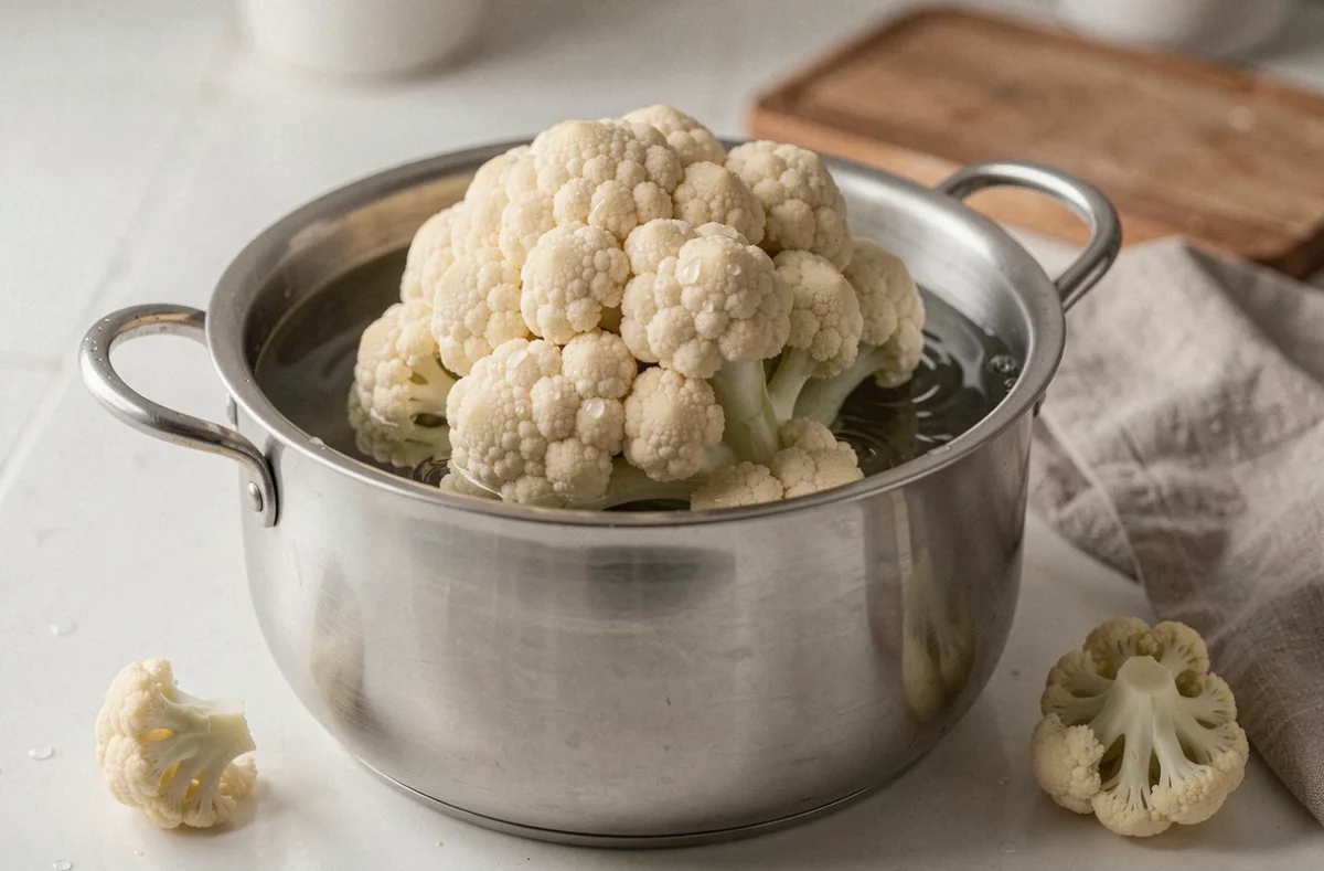 Chou-fleur entier plongé dans une casserole d'eau froide sur un plan de travail en céramique blanche, préparation pour la cuisson d'un gratin