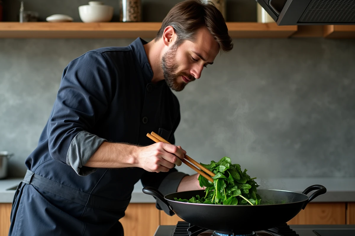 Homme cuisinant des épinards frais au wok sur feu vif, technique de cuisson rapide pour préserver la texture