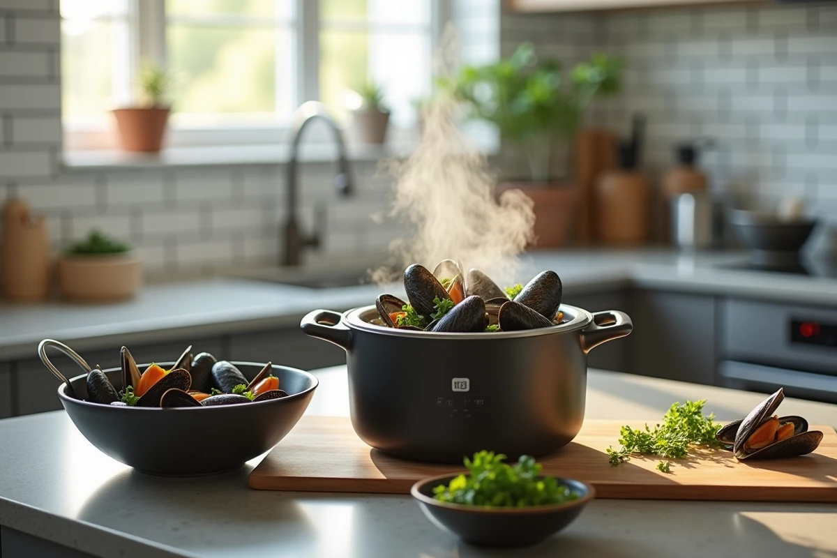Cookeo ouvert avec des moules marinières en cours de cuisson, vapeur visible, entouré d'ingrédients frais sur un plan de travail de cuisine moderne