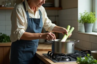 Femme cuisinant des poireaux entiers dans une grande casserole d'eau sur une cuisinière de cuisine modeste