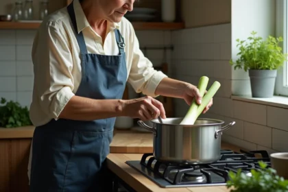 Femme cuisinant des poireaux entiers dans une grande casserole d'eau sur une cuisinière de cuisine modeste