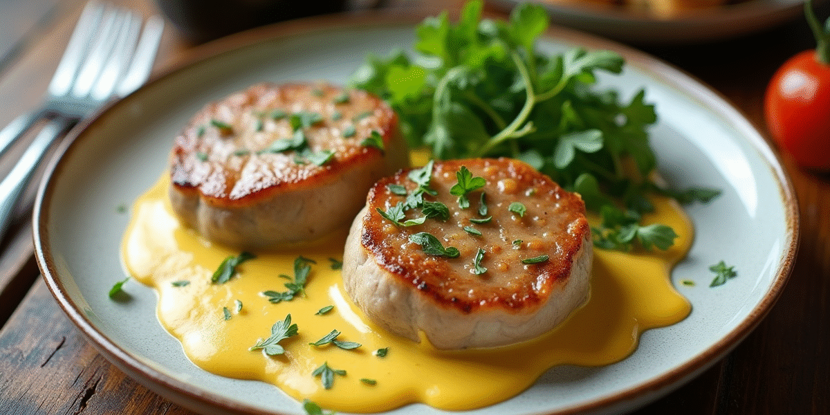 Assiette de lapin tendre en sauce moutarde sur table rustique