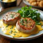 Assiette de lapin tendre en sauce moutarde sur table rustique