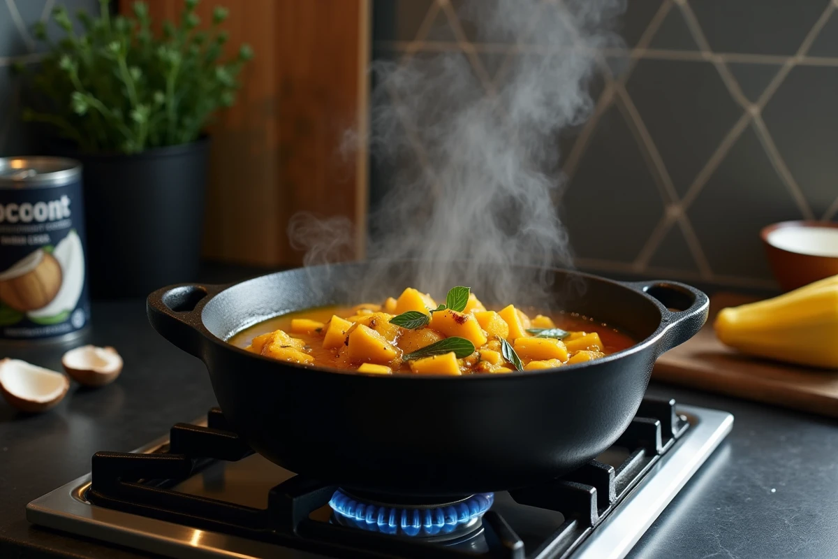 Cocotte en fonte sur feu doux avec un curry de courge longue de Nice au lait de coco en cours de mijotage
