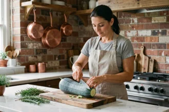 Femme découpant une courge bleu de Hongrie sur une planche en bois dans une cuisine rustique