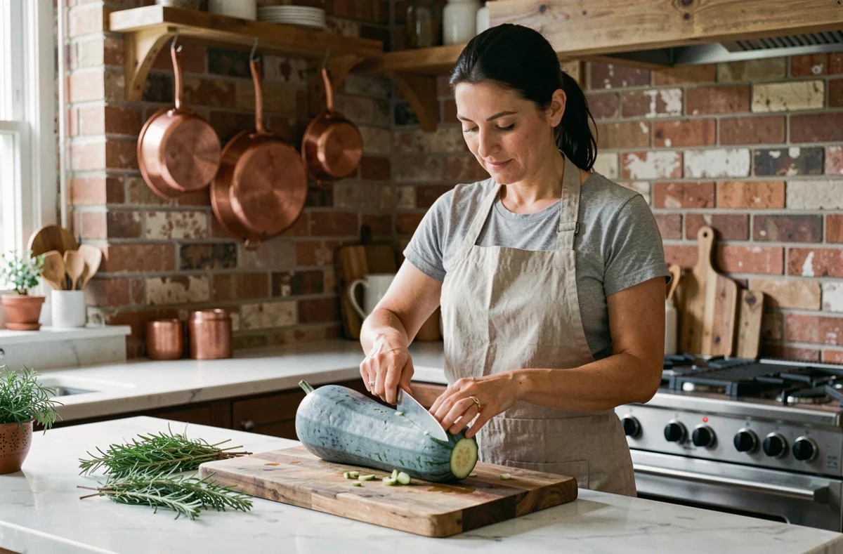 Femme découpant une courge bleu de Hongrie sur une planche en bois dans une cuisine rustique