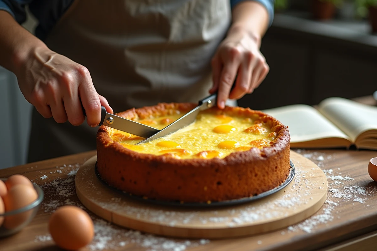Mains en train de couper un grand gâteau aux œufs moelleux dans un moule rond sur une planche en bois dans une cuisine maison