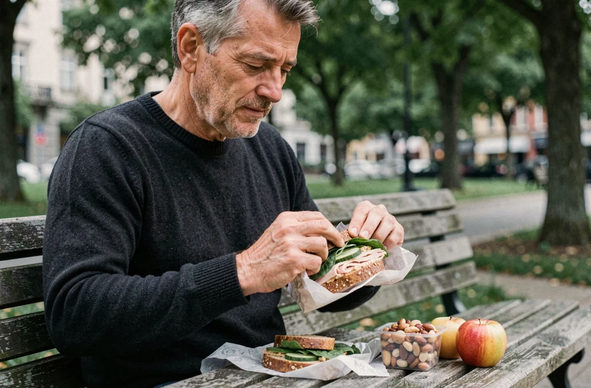 Homme mangeant un sandwich complet et équilibré dans un parc le midi pour tenir jusqu'au soir sans grignoter