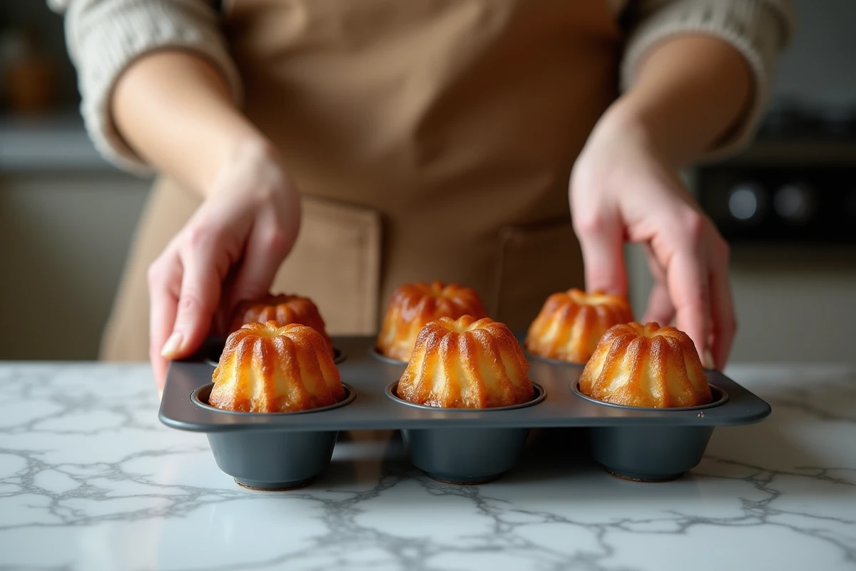 Mains démoulant des canelés depuis un moule en silicone sur un plan de travail en marbre